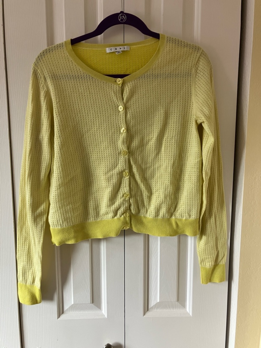 CAbi Light Yellow Open-Knit Button Cardigan